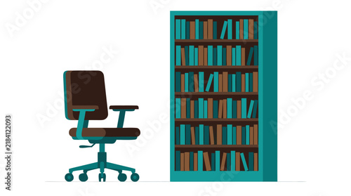 Rolling Office Chair Beside Tall Bookshelf with Books, Bold Flat Vector Illustration in Teal and Brown, Minimalist Workspace Furniture Design, Home Office Interior Decor detailed commercial stock