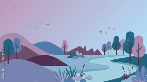 Dreamy Pastel Landscape with Lavender Mountains Teal Trees and Calm Water, Peaceful Vector Nature Illustration - professional high resolution commercial stock detailed commercial stock imagery with