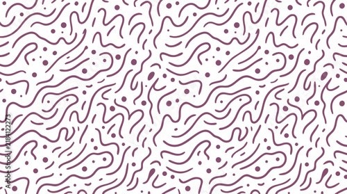 Seamless Abstract Pattern with Sketchy Hand-Drawn Wavy Lines and Scattered Dots in Muted Plum Purple Outlines on White Background, Minimalist Organic Texture - detailed commercial stock imagery with