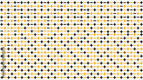 Geometric Pattern of Black and Amber Plus Signs and Dashes on White Background, Flat Design, Seamless Texture, Minimalist Modern Graphic - professional high resolution detailed commercial stock