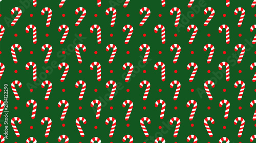 Seamless festive Christmas pattern with red and white striped candy canes and polka dots on forest green background, perfect for holiday wrapping paper and seasonal design vector
