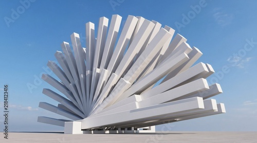 Abstract architectural sculpture, broad white beams fan outward into a tall sweeping spiral. Sunlight defines the rectangular edges above a low base beneath an open blue sky with faint clouds.
