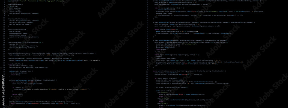 Fototapeta premium Programming code on dark screen with colorful syntax highlighting. Software development source code in code editor. Data pipeline processing algorithm for technology and programming concept.