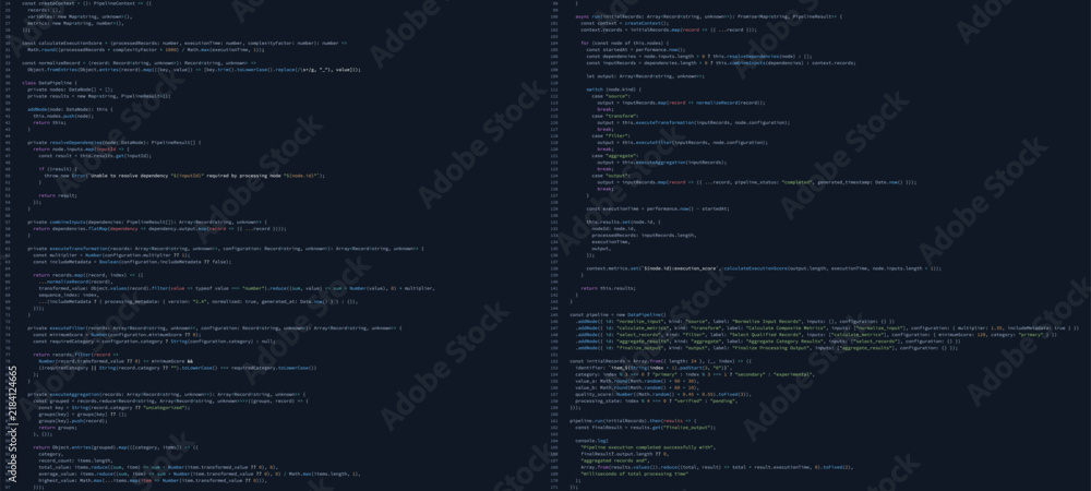 Fototapeta premium Programming code on dark screen with colorful syntax highlighting. Software development source code for data processing application. Coding technology and computer programming background.