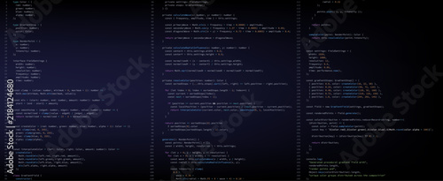 Fototapeta Program code on dark screen with colorful syntax highlighting. Software development source code in text editor. Programming, coding and technology concept for web design and developer work.