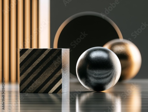 3d rendered abstract shapes with metallic texture, shot in cinematic wide angle, sharp focus with shallow depth of field, designed for social media content