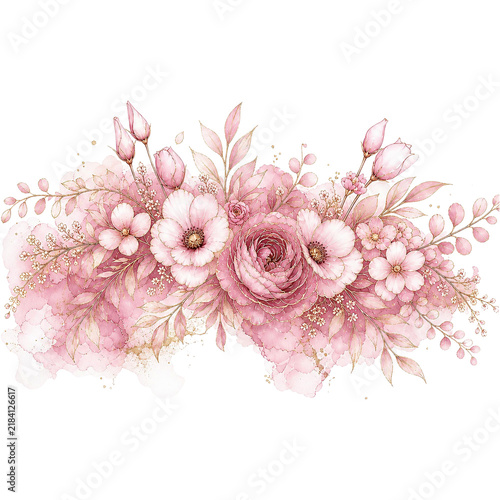 Dusty rose watercolor floral border alcohol ink flower header PNG