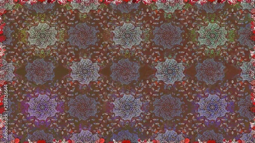 Seamless video loop with intricate multicolor floral medallions on a dark textured background. Rich ornamental mosaic for textile, wallpaper, vintage and motion design.