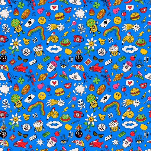 Cartoon sticker with comic food and pop art doodles