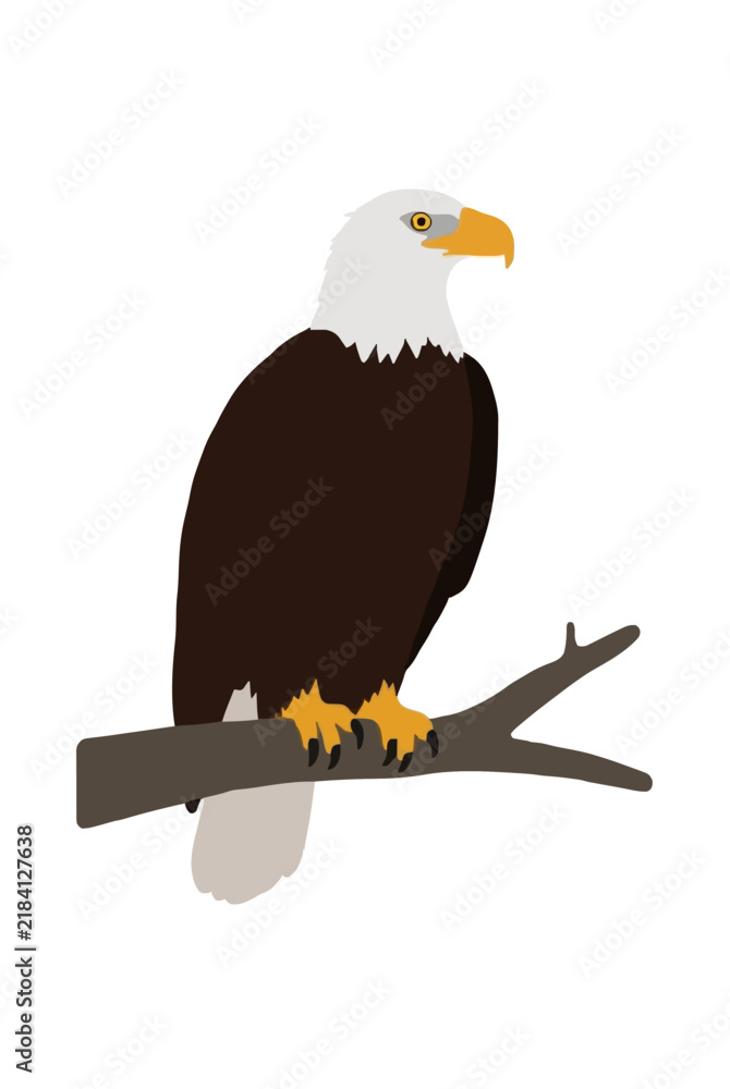 Obraz premium Majestic bald eagle perched on a wooden tree branch, flat vector icon illustration with white head feathers, golden yellow beak, sharp talons, and dark brown plumage, American wildlife