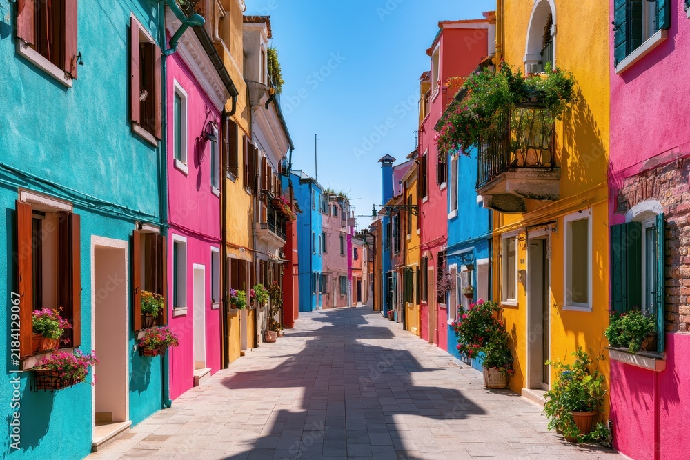 Fototapeta premium Quiet boulevard of rainbow-hued houses on a bright day