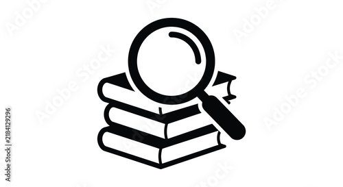 Fotografie Magnifying glass rests atop a stack of books black silhouette on white