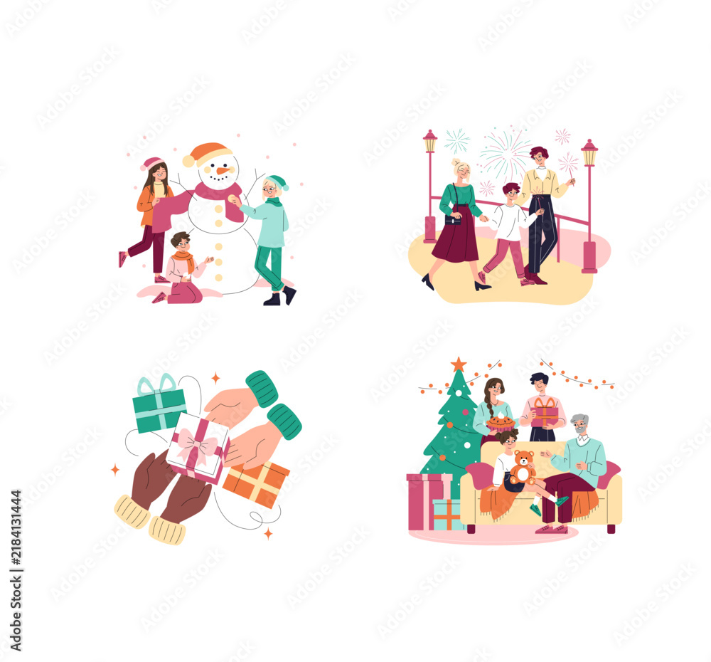 Fototapeta premium Christmas holiday set with family celebrating and gifting