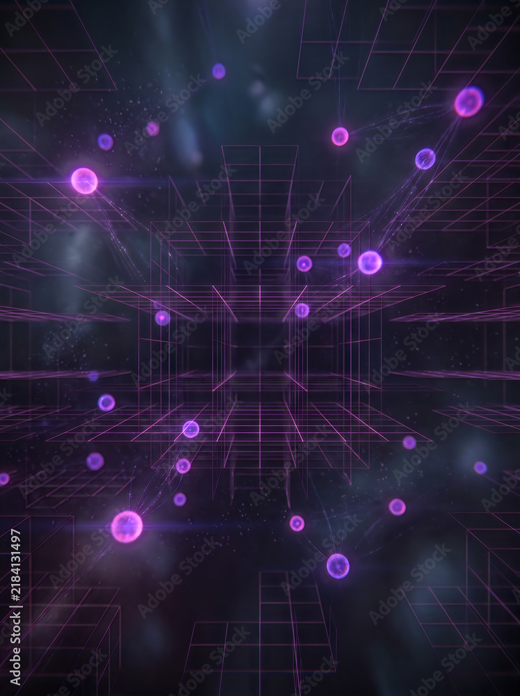 Fototapeta premium Abstract technology background with glowing purple digital grid and quantum particles in cyberspace