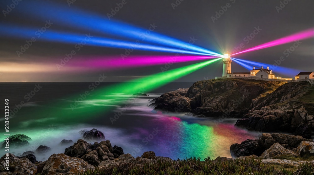 Obraz premium Lighthouse emits bright colorful light beams over dark ocean at night. Multi colored rays glow in blue pink, green colors above rocky coast. Long exposure shot shows sea waves, misty atmosphere near