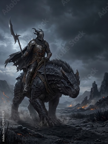 A dark armored knight rides a fierce, dragon-like beast through a volcanic, desolate landscape under stormy skies.