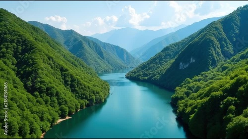 A serene lake scene with a large body of water surrounded by trees