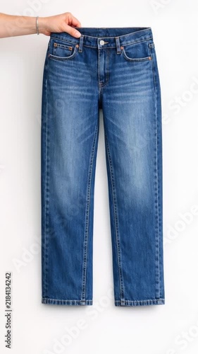 A person holding a pair of blue jeans, perfect for fashion, lifestyle, or commerce photography