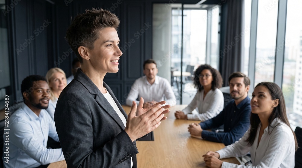 Obraz premium Confident female executive with short hair gives powerful investment presentation to attentive multiethnic team in modern boardroom, encouraging corporate growth, leadership, and team success.