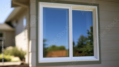 Residential exterior featuring a white vinyl replacement window with green accent trim, horizontal orientation