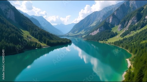 A serene lake surrounded by mountains, perfect for a peaceful getaway