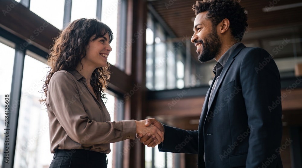 Fototapeta premium Diverse partners shaking hands in modern office after successful investment deal, happy Hispanic woman and Black businessman closing financial planning agreement for corporate business growth