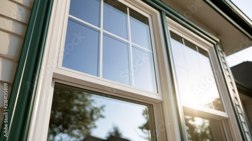 New white vinyl replacement windows with green trim on a modern house, horizontal sliding design