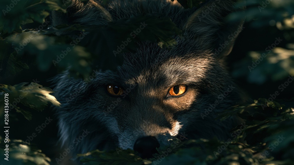 Fototapeta premium A fox with bright eyes sits quietly among dark leaves in a forest. A beam of light shines down, creating a moody atmosphere around it.