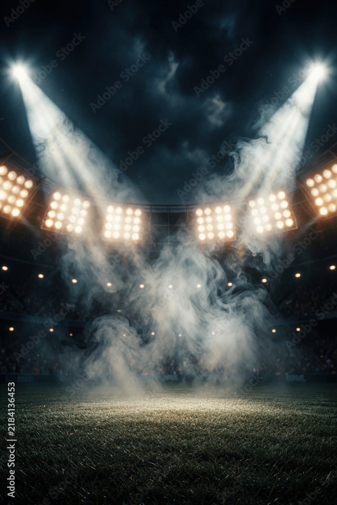 Obraz premium Empty football stadium stage with dramatic smoky spotlights illuminating the field. Dramatic lighting beams down on the dark arena floor. Grass covers the ground.