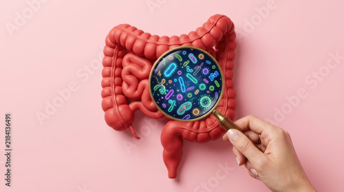 Hand holding magnifying glass over red intestinal model displaying diverse bacterial population for scientific diagnostic research.