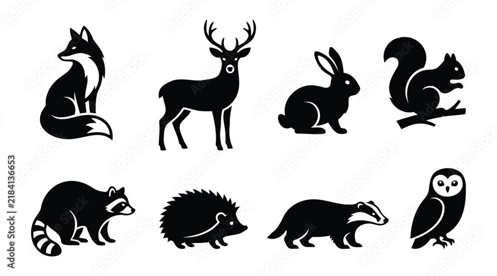 Obraz premium Set of black silhouette of forest animals including a fox, deer, rabbit, squirrel, raccoon, hedgehog, badger, and owl on white background