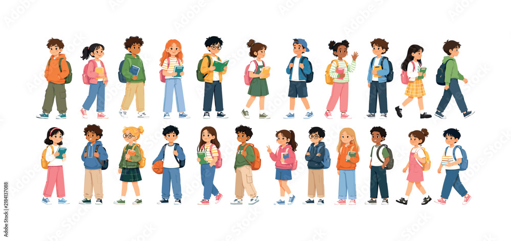 Fototapeta premium Diverse group of cartoon children with backpacks and books ready for school