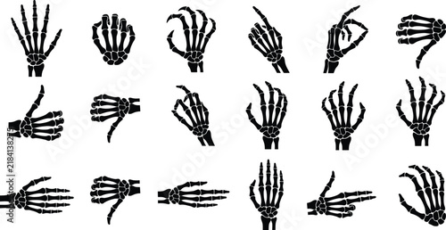 Set of black and white skeleton hand illustrations for creative halloween party decorations and spooky graphic design projects
