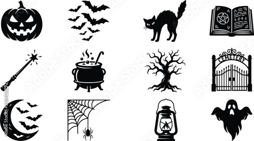 Set of black silhouette icons representing traditional halloween symbols like pumpkins ghosts bats and spooky haunted trees