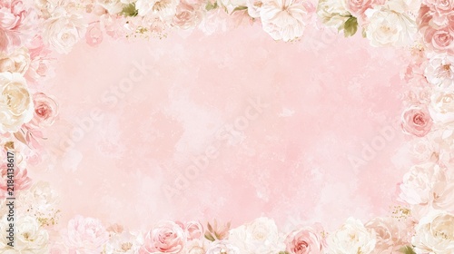 Romantic pink backdrop with soft watercolor florals forming a feminine frame, ideal for invitations and celebration cards