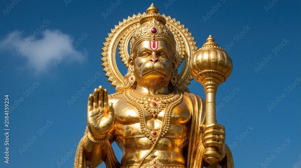 Fototapeta premium Golden Hanuman statue with mace and raised hand against bright blue sky. Muscular deity figure offers protection, strength, divine power, Hindu god symbol.
