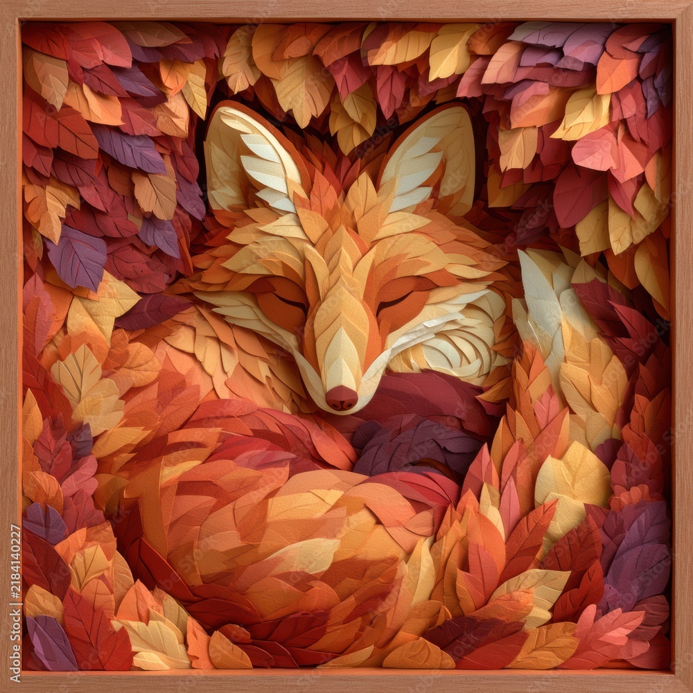 Fototapeta premium Fox crafted from layered paper rests among colorful leaves in shadow box. The design shows depth and texture with a rich russet color palette.