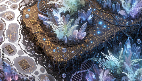Exquisite quartz crystal formations growing atop printed circuit boards amidst ferns representing harmony between nature and advanced technology.