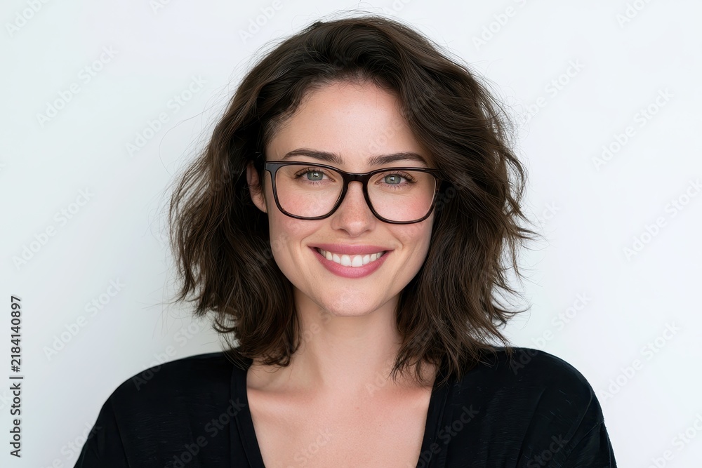 Obraz premium Portrait of a smiling brunette woman wearing glasses against a clean white studio background