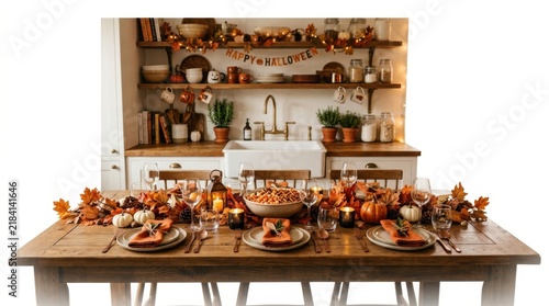 Festive halloween dining table setting with autumn decorations, pumpkins, and a cozy kitchen background