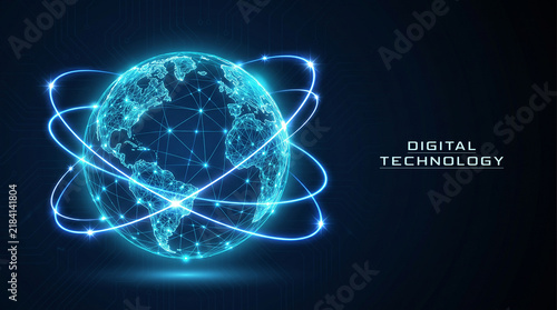 Digital technology concept with a glowing wireframe globe and orbiting data connections on a dark blue background representing global communication and networking