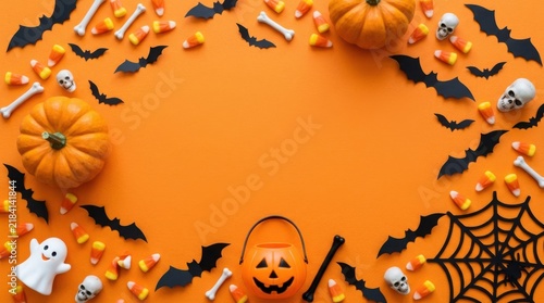Halloween background with pumpkins, bats, skulls, candy corn, and a spider web on an orange surface