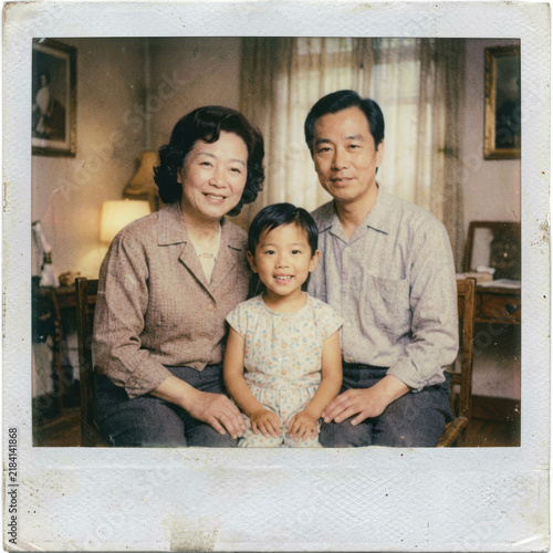 Vintage photo of Asian family of three sits together on chairs, smiling warmly in a living room setting. The lighting is soft and natural, creating a homely atmosphere.