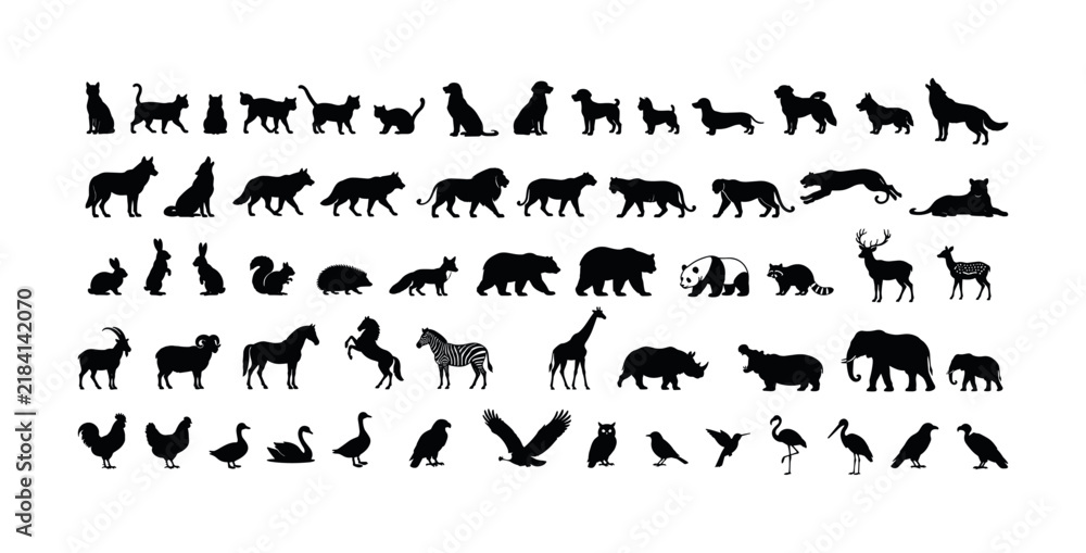Obraz premium Diverse collection of animal silhouettes showcasing mammals, birds, and domestic pets