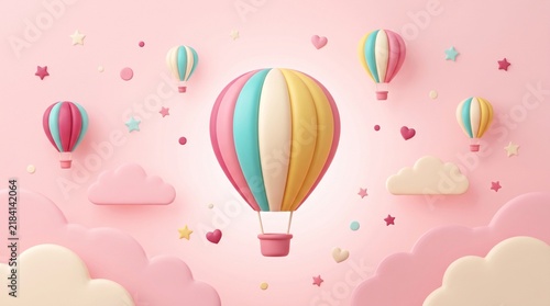 Pastel colored hot air balloons floating playfully in bright pink sky with cute soft clouds and small decorative stars in a stylized three dimensional render