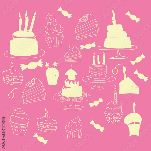 Doodle Bakery Dessert Sweet Ilustration, Siluet yellow, pink