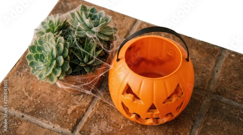 A small orange plastic jackolantern bucket next to a potted succulent plant covered in artificial spider webs on a tiled surface