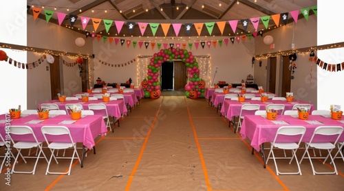 Large event hall decorated for a childrens halloween party with pink tablecloths, balloon arch, and colorful triangular bunting banners