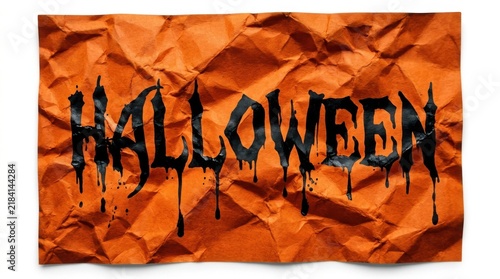 Halloween text written in black dripping paint on a crumpled orange paper background