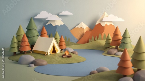 Beige fabric camping tent situated beside a small glowing campfire within a whimsical paper craft landscape featuring pine trees and distant pointed mountain peaks today.